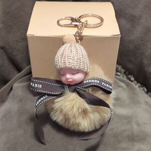BEIGE SLEEPING BABY WITH BEANIE BAG CHARM/KEY CHAIN